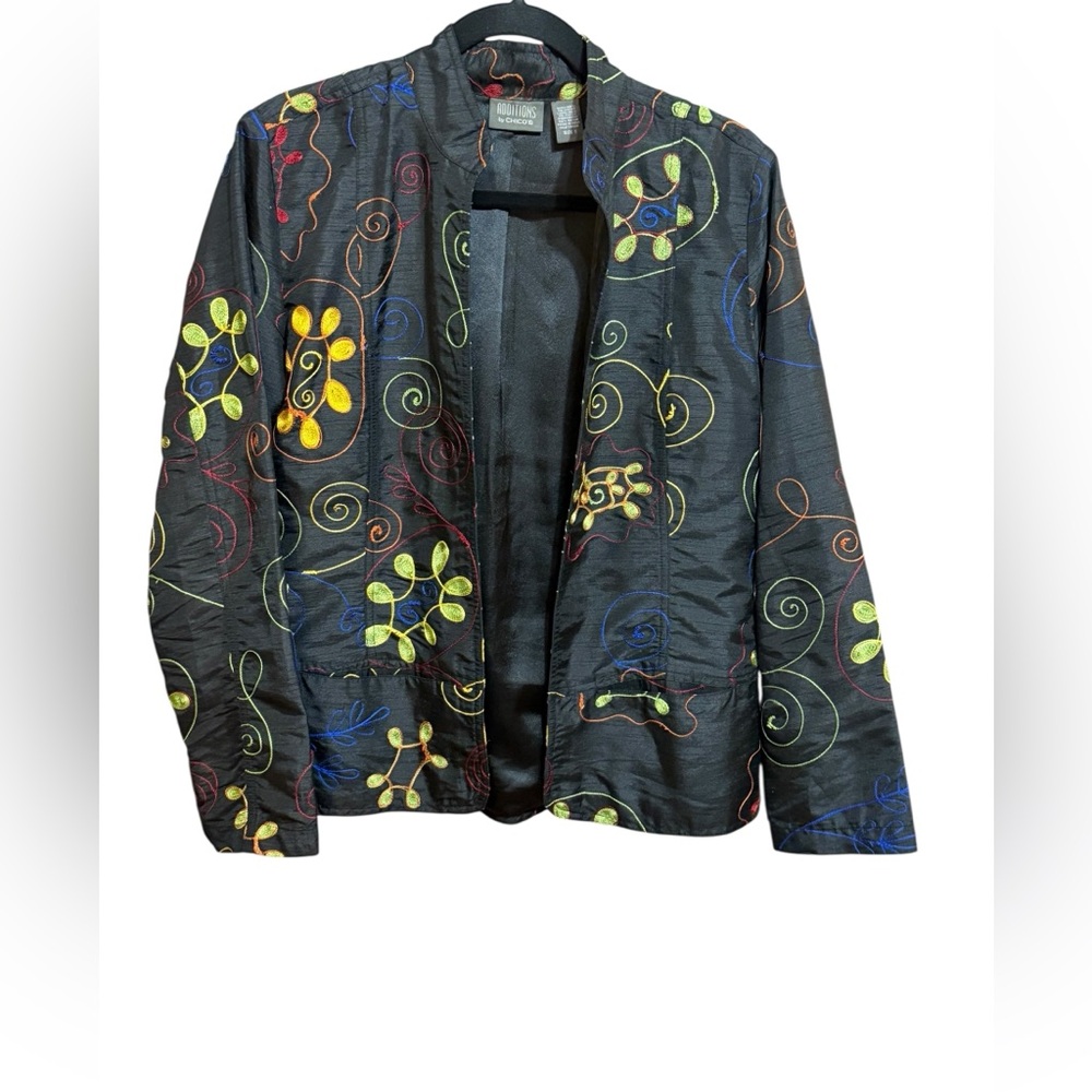 Additions by Chico’s Black Embroidered Collarless Blazer Multicolor Swirls Sz 1X
